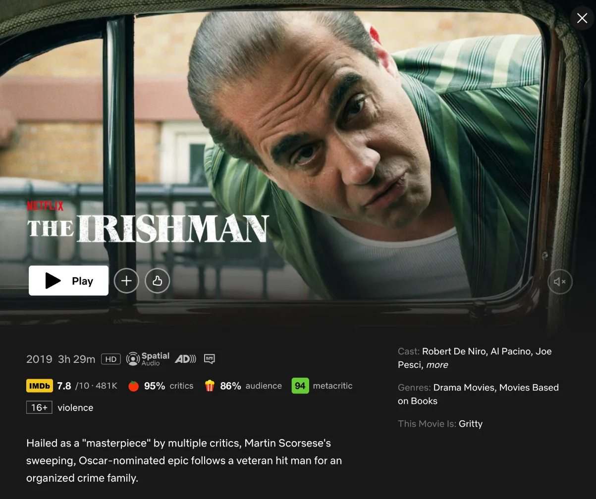 The Irishman details window on Netflix showing IMDb 7.8 from 481K votes, 95% critics, 86% audience and Metascore 94